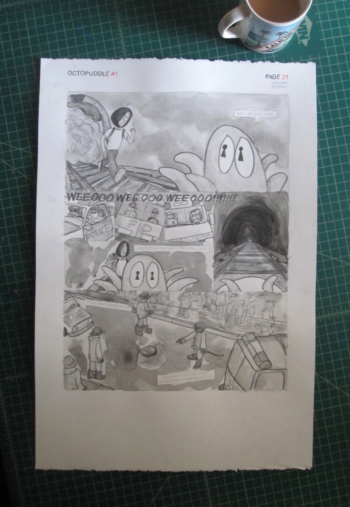 Adrien Casey Octopuddle comic book page 21 black & white watercolor drawing on white paper